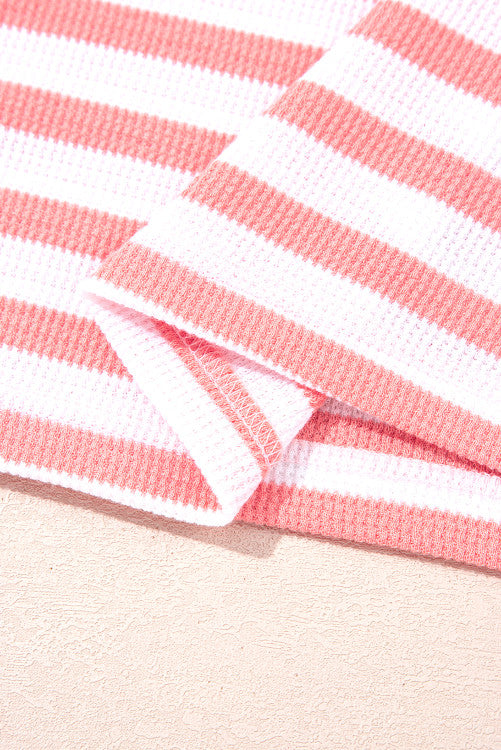Pink Stripe Thermal Dropped Shoulder Bell Sleeve Top