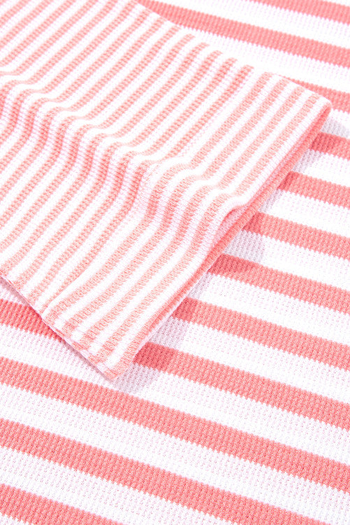 Pink Stripe Thermal Dropped Shoulder Bell Sleeve Top