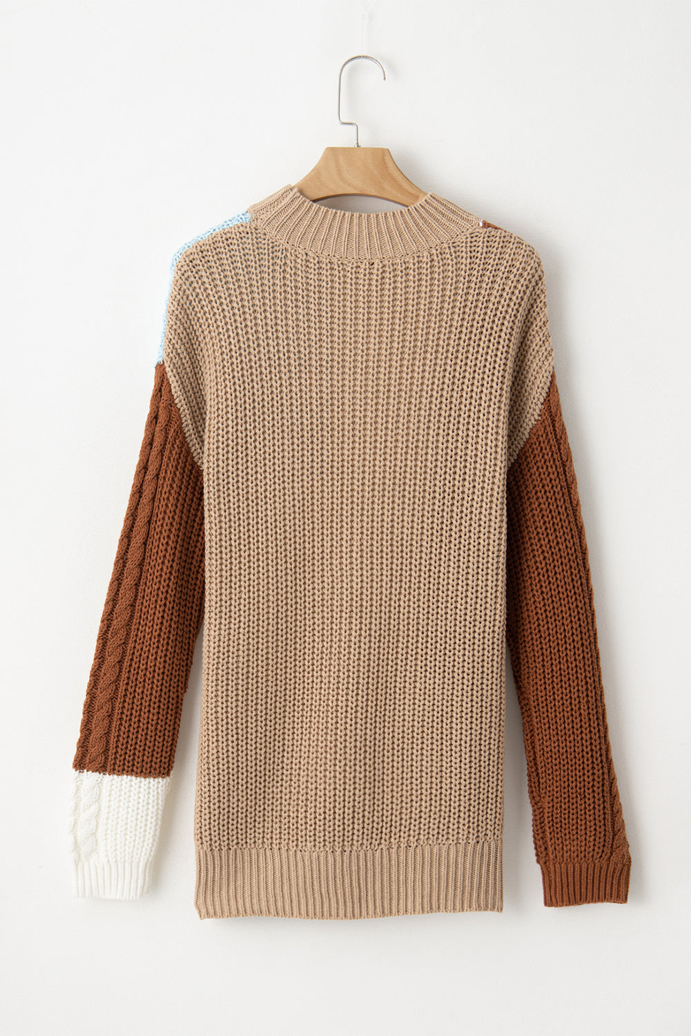 Brown Khaki Light Blue Color-block Loose Cable Knit Sweater