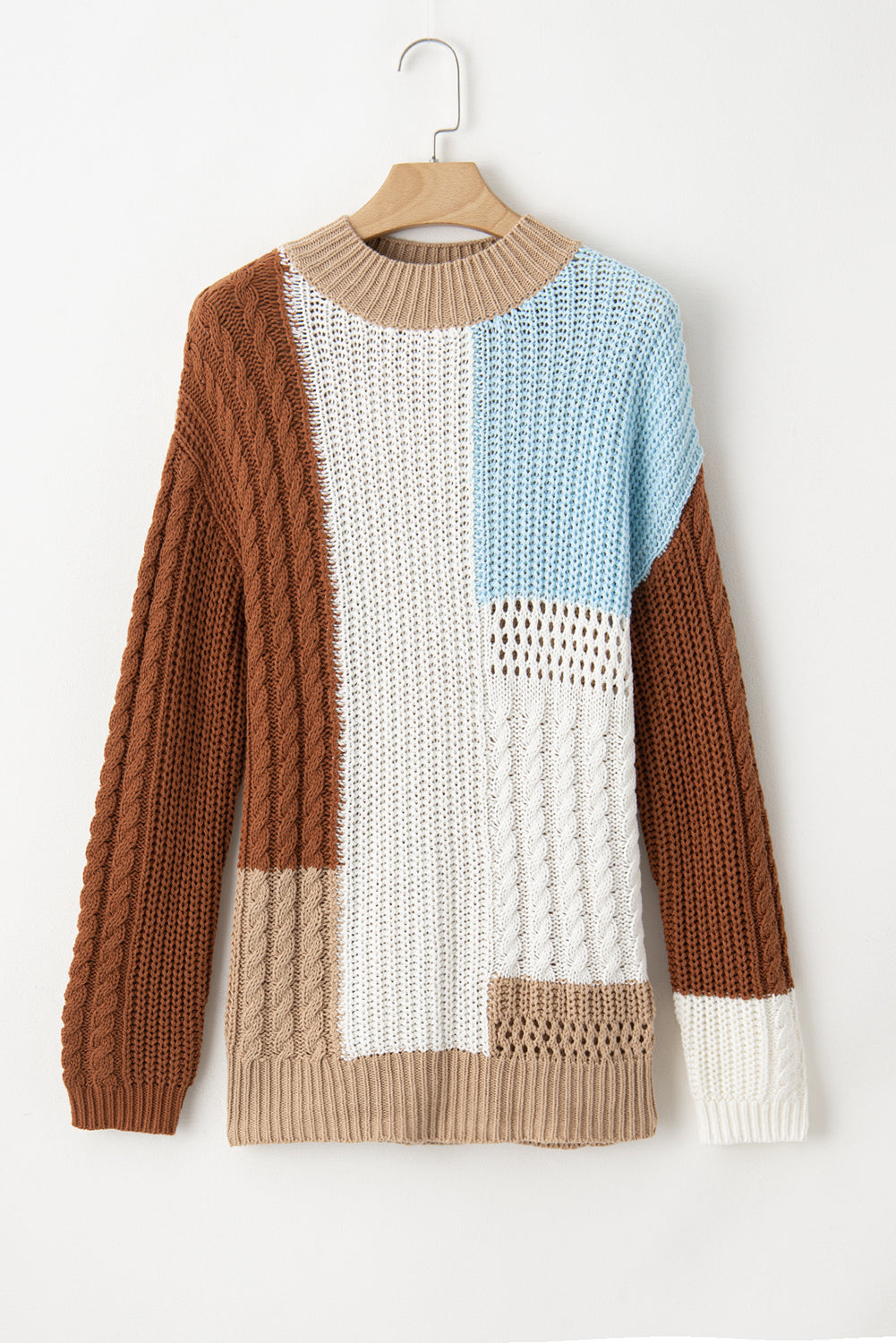 Brown Khaki Light Blue Color-block Loose Cable Knit Sweater
