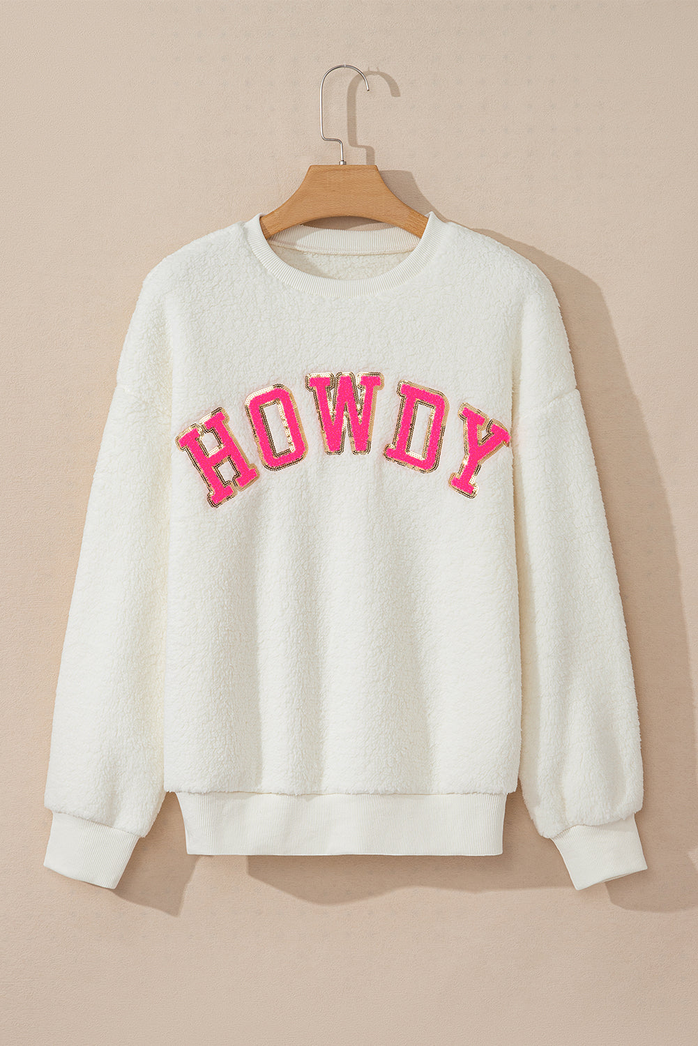 White Fleece with Pink Howdy Lettering Pullover Sweatshirt