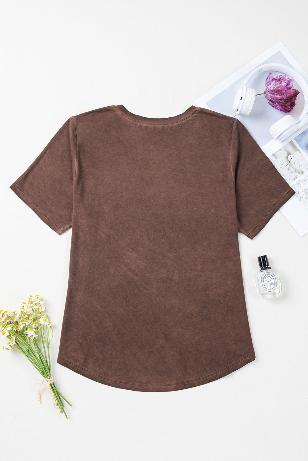 Chestnut Brown Mineral Wash Criss Cross V-Neck Casual Tee