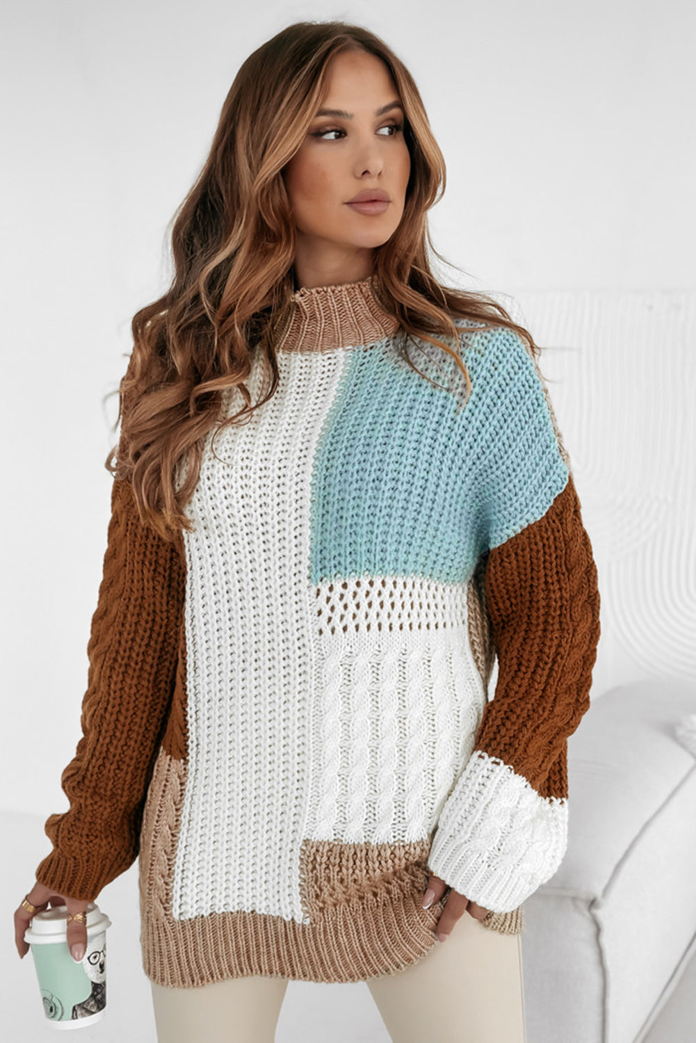Brown Khaki Light Blue Color-block Loose Cable Knit Sweater