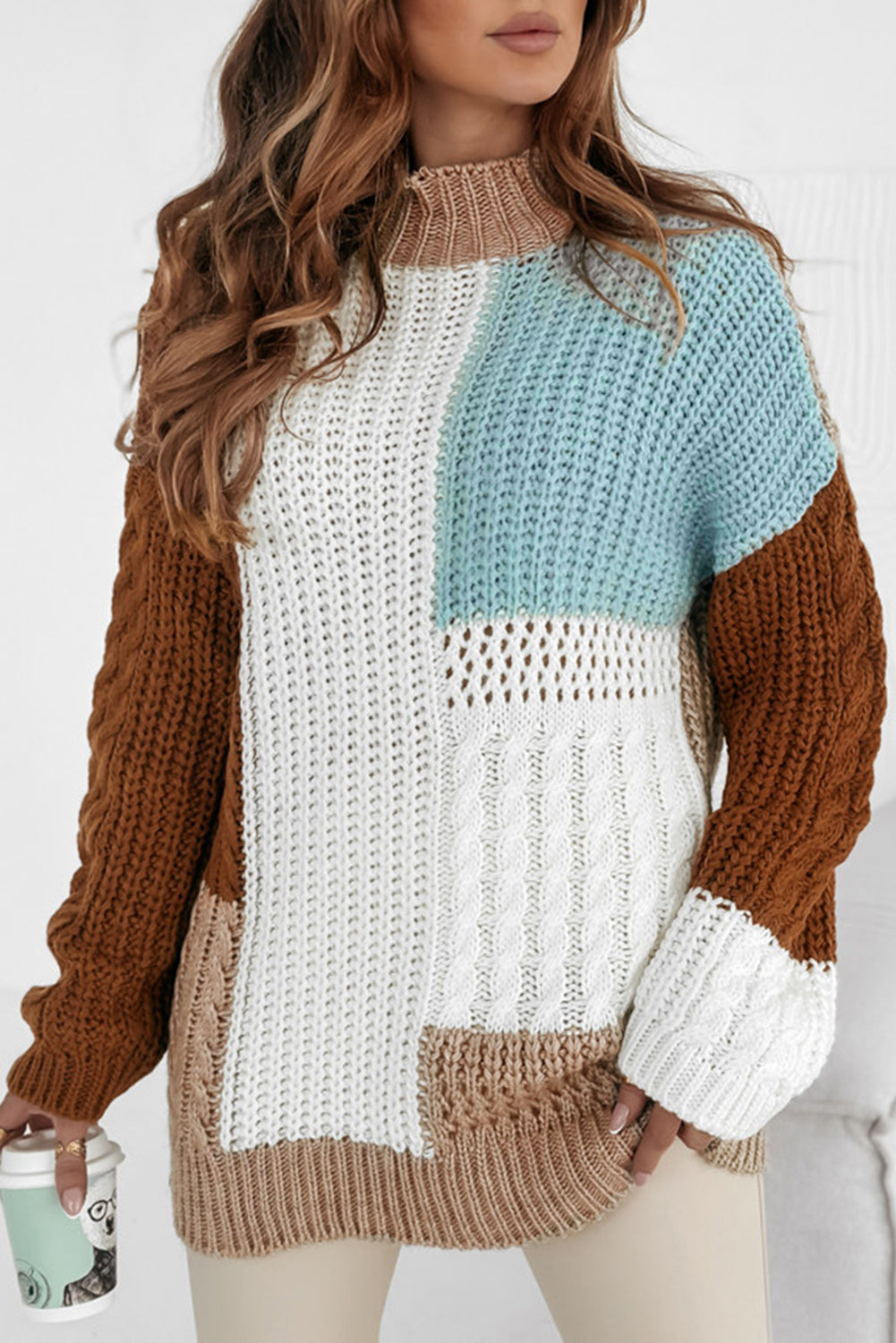 Brown Khaki Light Blue Color-block Loose Cable Knit Sweater