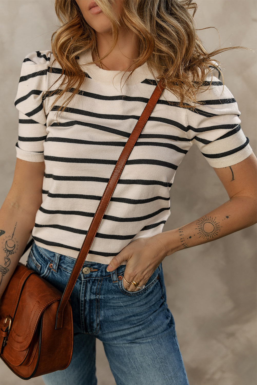 Striped Crew Neck Bubble Short Sleeve Lightweight Sweater
