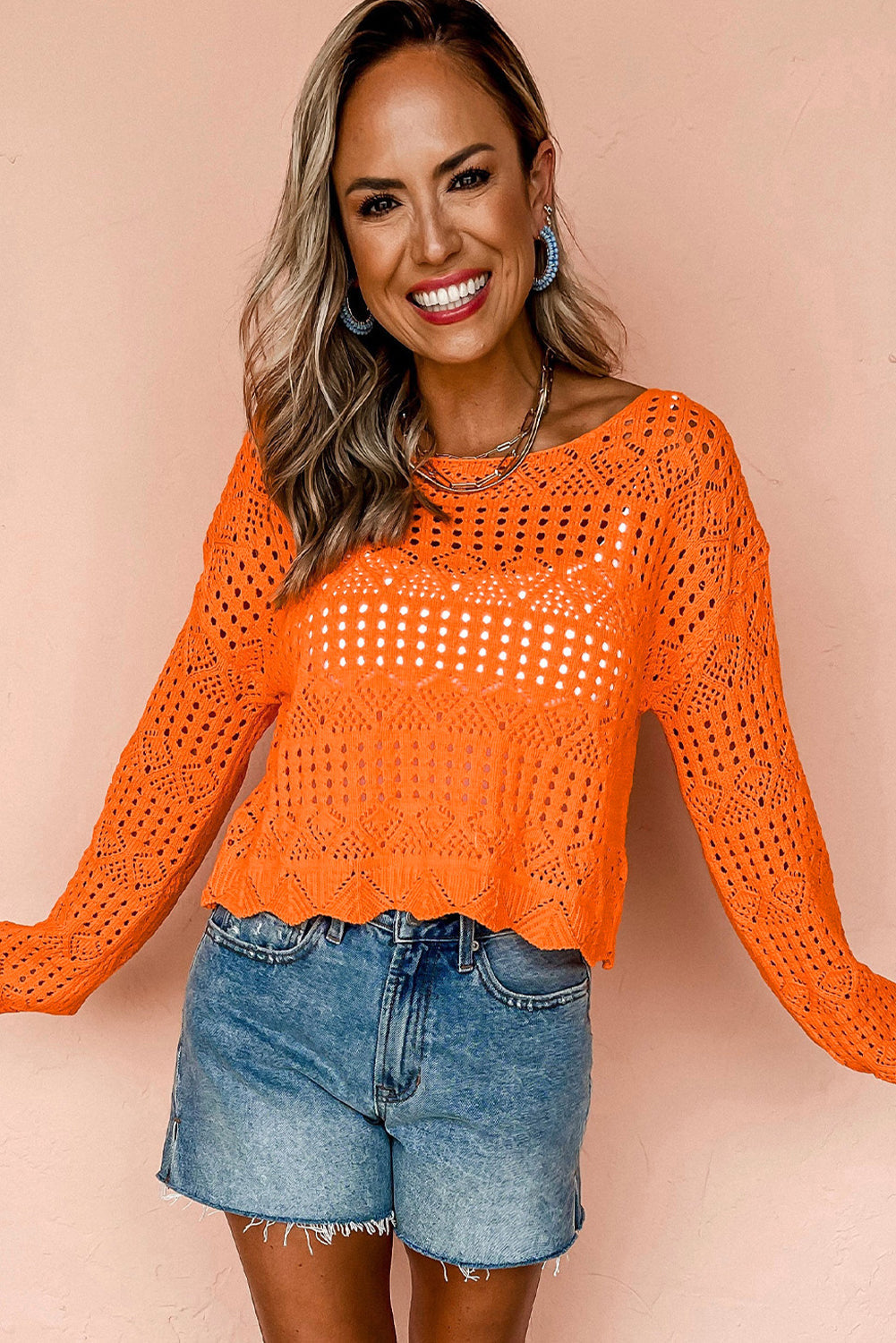 Orange Open Crochet Scallop Edge Long Sleeve Sweater