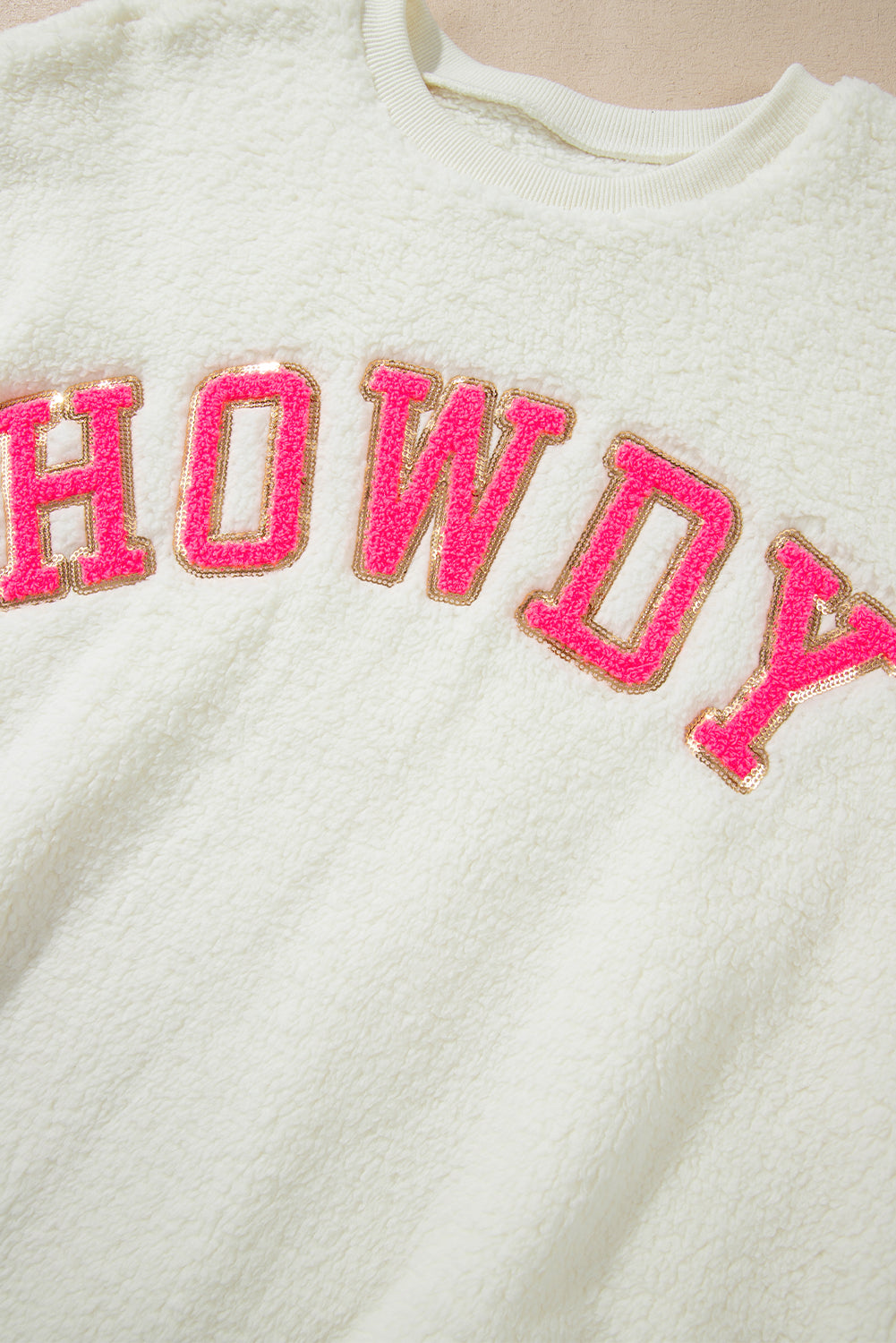 White Fleece with Pink Howdy Lettering Pullover Sweatshirt
