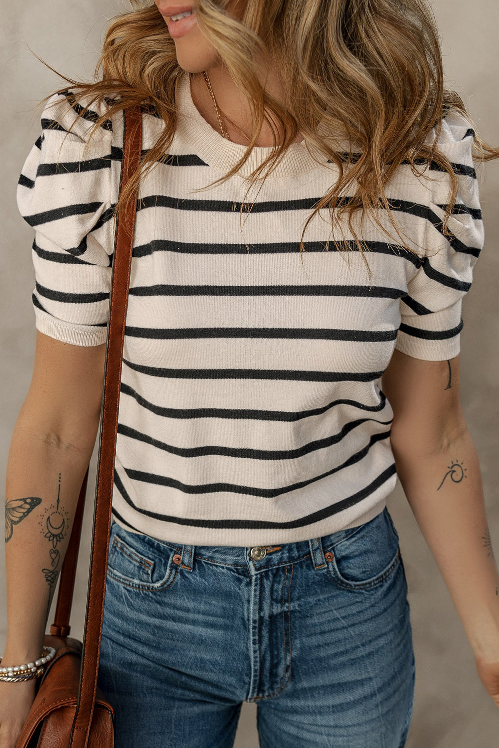 Striped Crew Neck Bubble Short Sleeve Lightweight Sweater