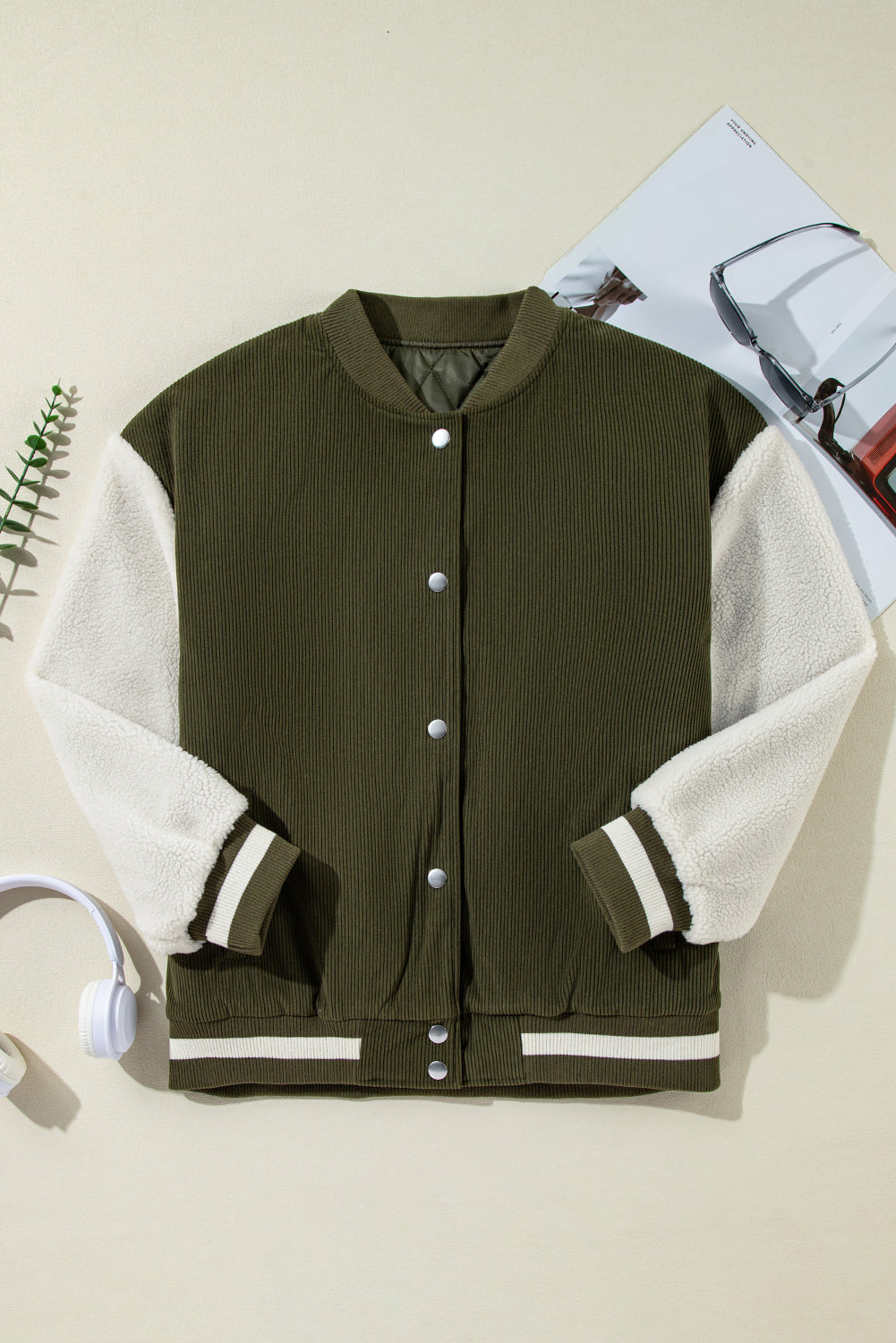 Olive Green & Cream Corduroy Fleece Button Up Varsity Jacket