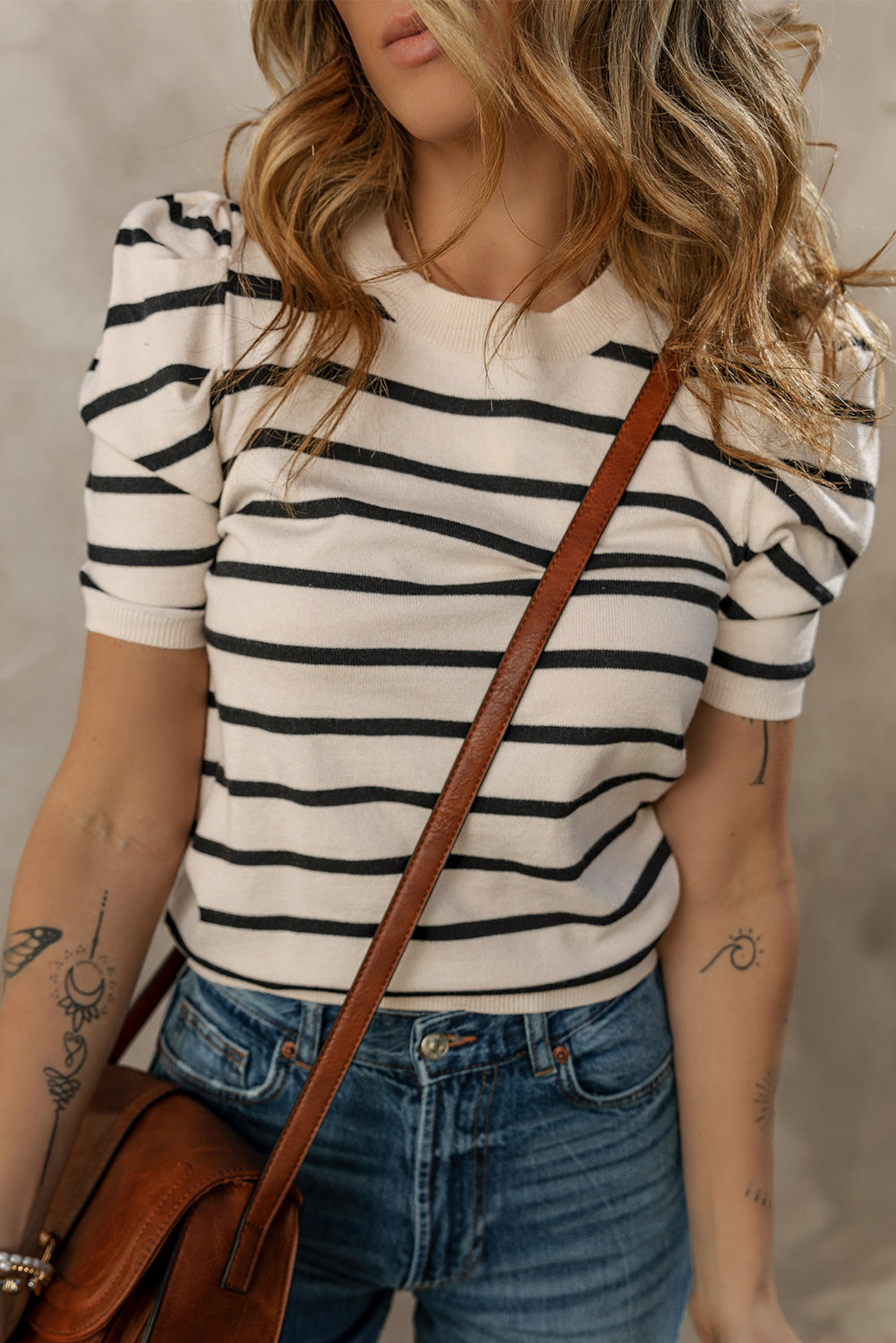 Striped Crew Neck Bubble Short Sleeve Lightweight Sweater