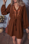 Brown Rust Floral Embroidered Tassel Tie Waist Long Sleeve Mini Dress