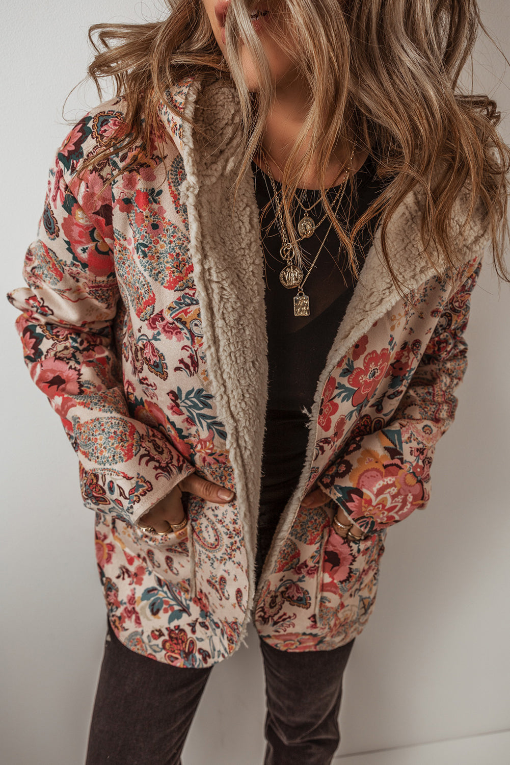 Vintage Floral Open Front Sherpa Lined Hooded Jacket