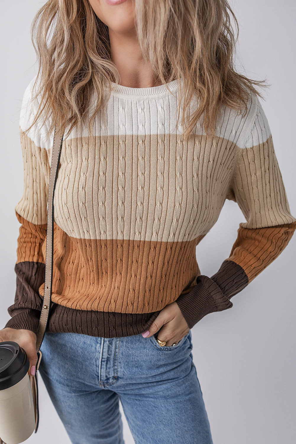 Khaki and Brown Colorblock Cable Knit Cotton Crew Neck Sweater