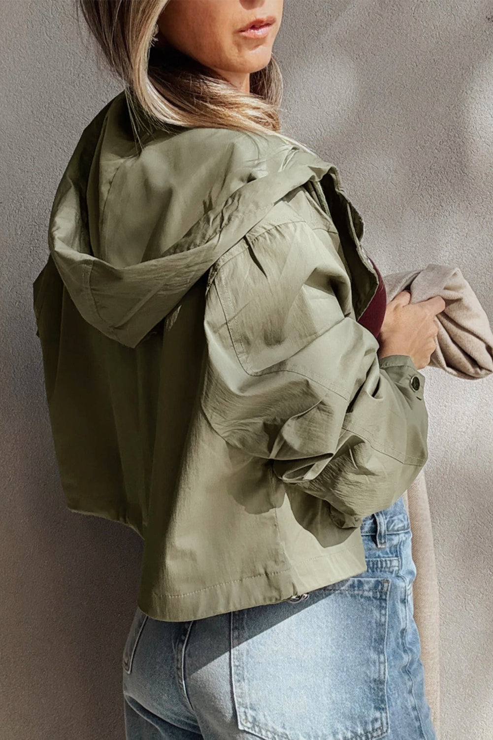 Light Olive Green Cropped Zip Up Hooded Utility Jacket