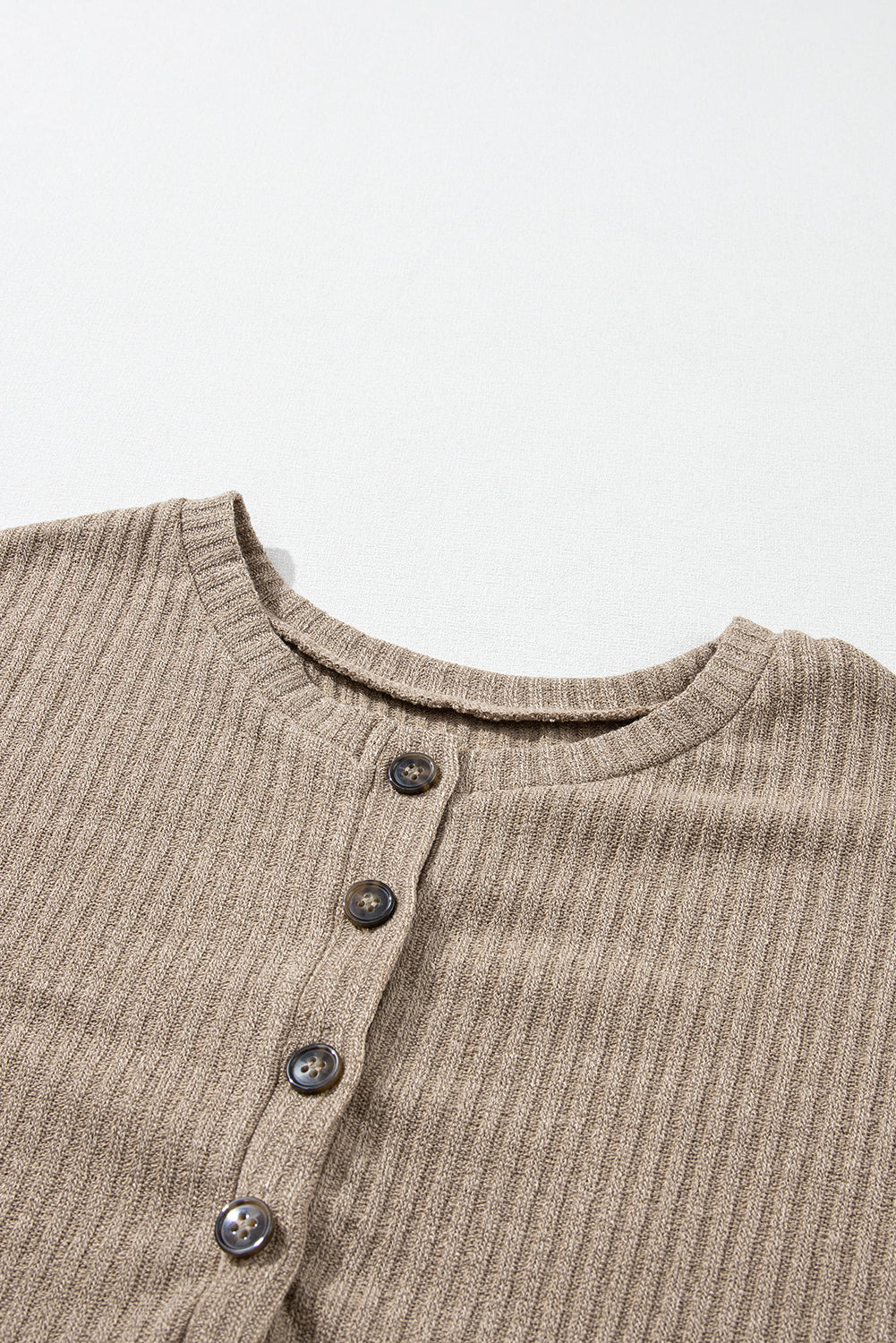 Beige Rib Textured Henley Knit Top
