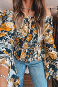 Navy and Orange Floral Off Shoulder Bell Sleeve Smocked Peplum Blouse