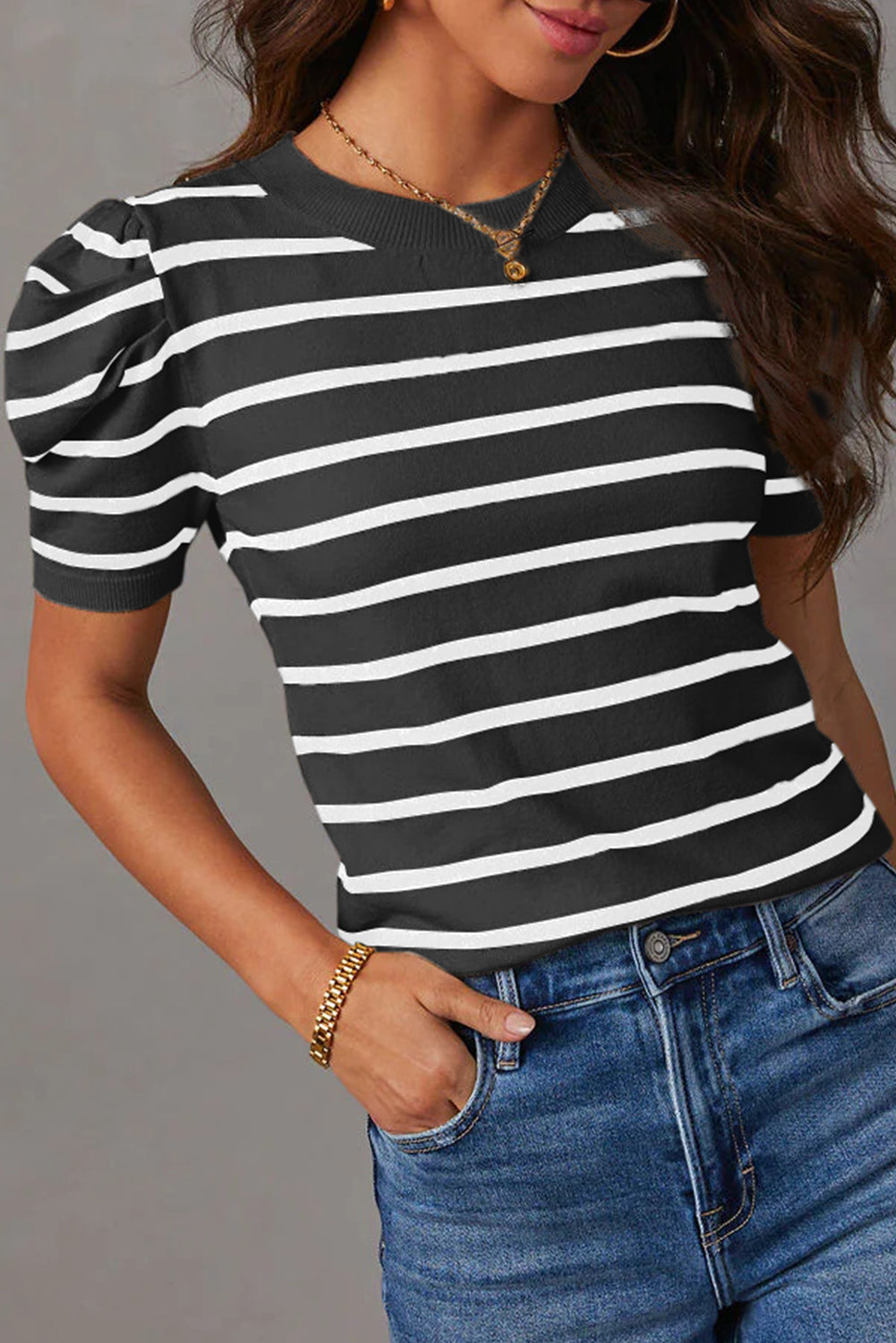 Striped Crew Neck Bubble Short Sleeve Lightweight Sweater