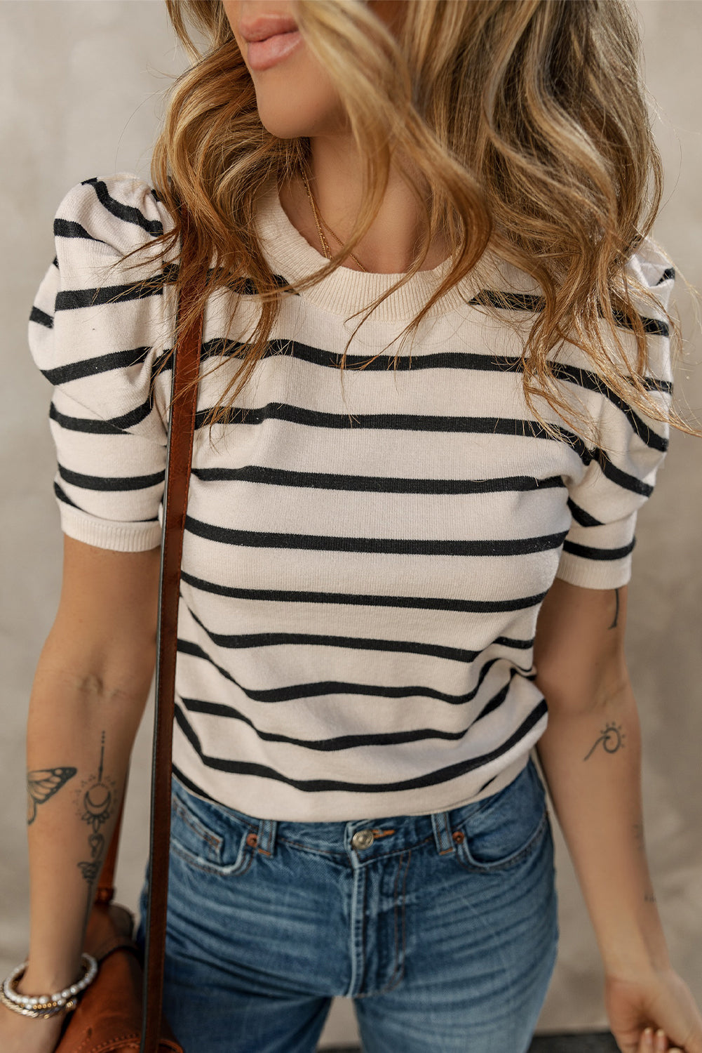 Striped Crew Neck Bubble Short Sleeve Lightweight Sweater