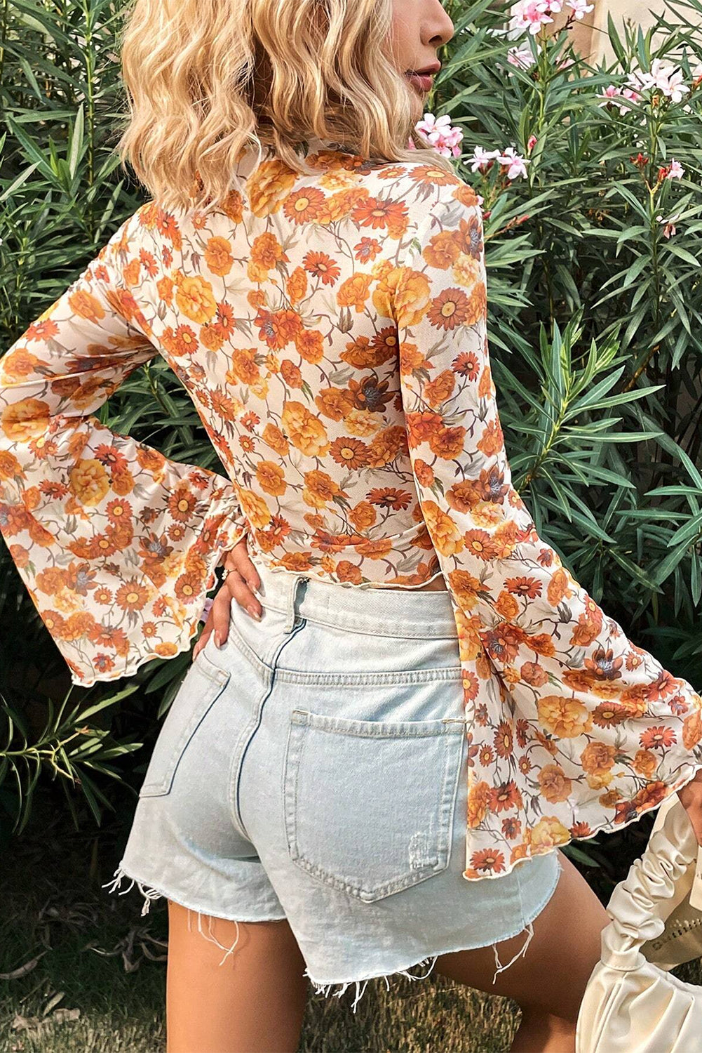 Orange Retro Floral Bell Sleeve Mock Neck Blouse
