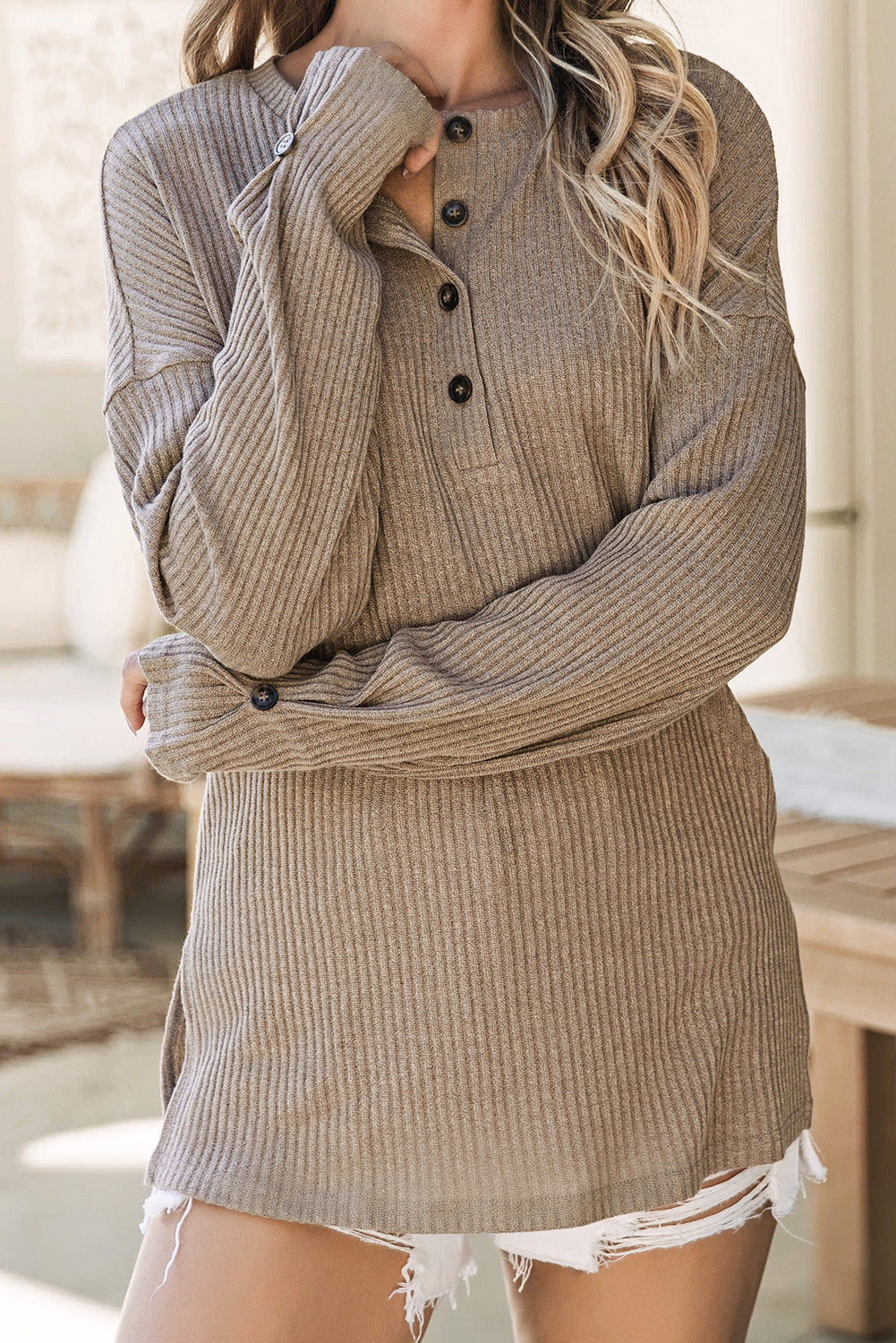 Beige Rib Textured Henley Knit Top