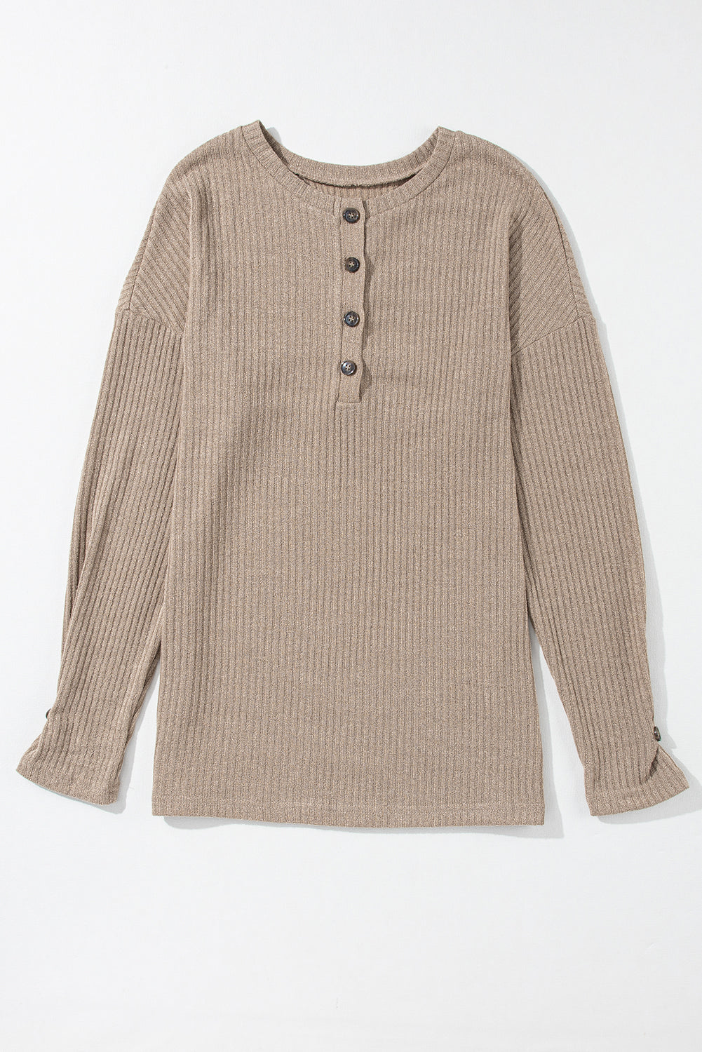 Beige Rib Textured Henley Knit Top