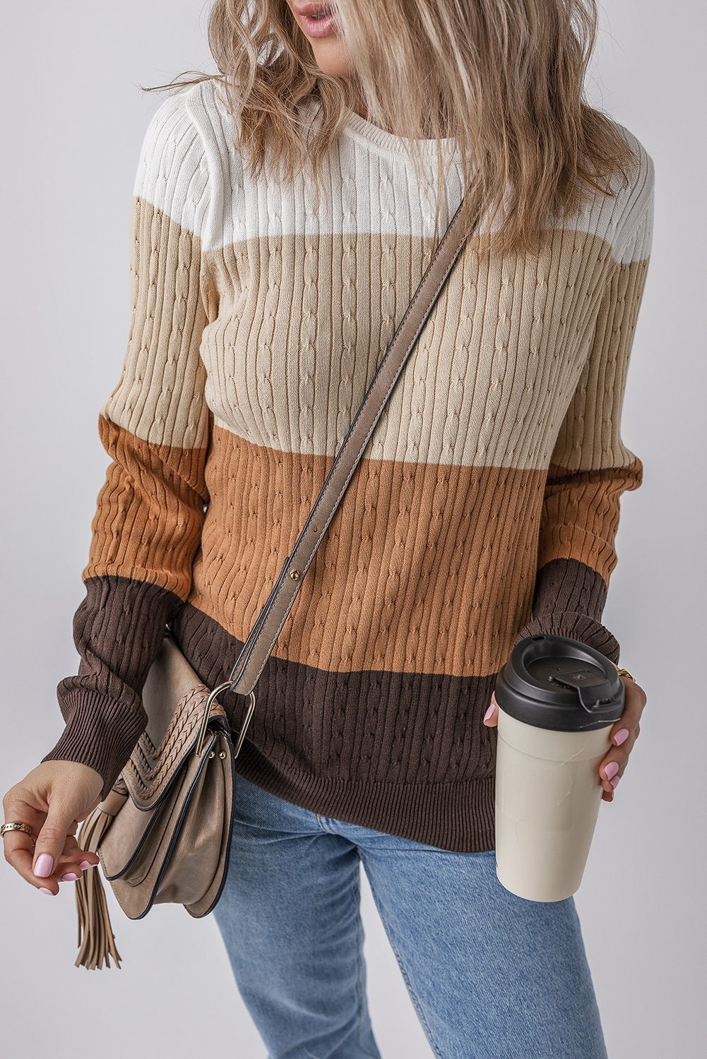 Khaki and Brown Colorblock Cable Knit Cotton Crew Neck Sweater