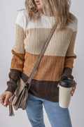 Khaki and Brown Colorblock Cable Knit Cotton Crew Neck Sweater