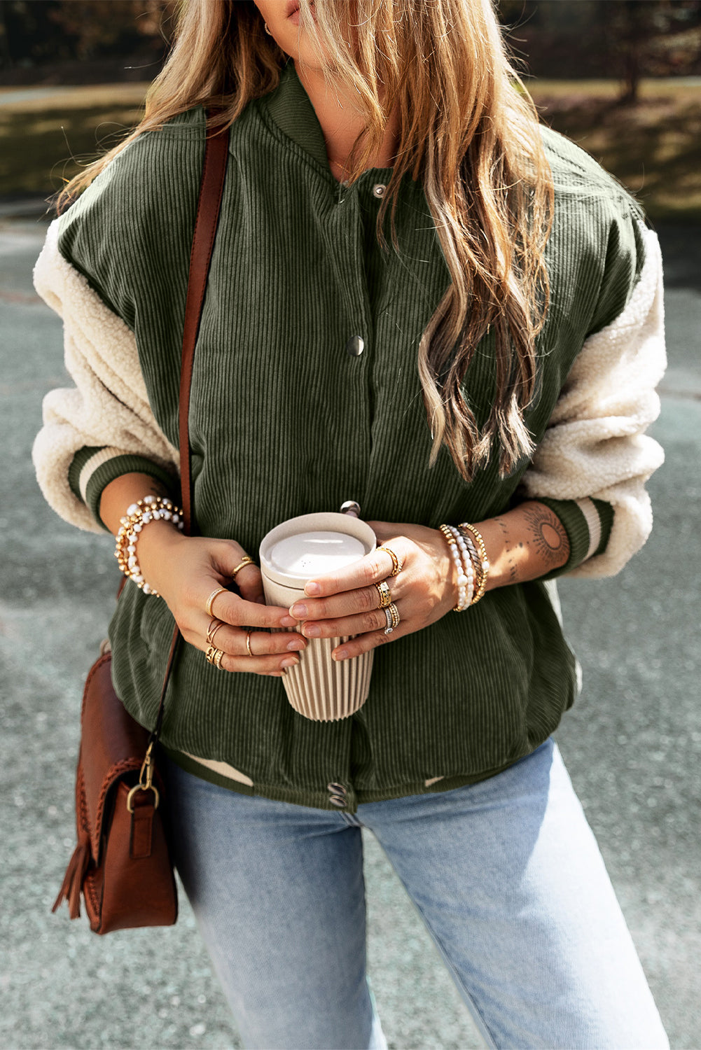 Olive Green & Cream Corduroy Fleece Button Up Varsity Jacket