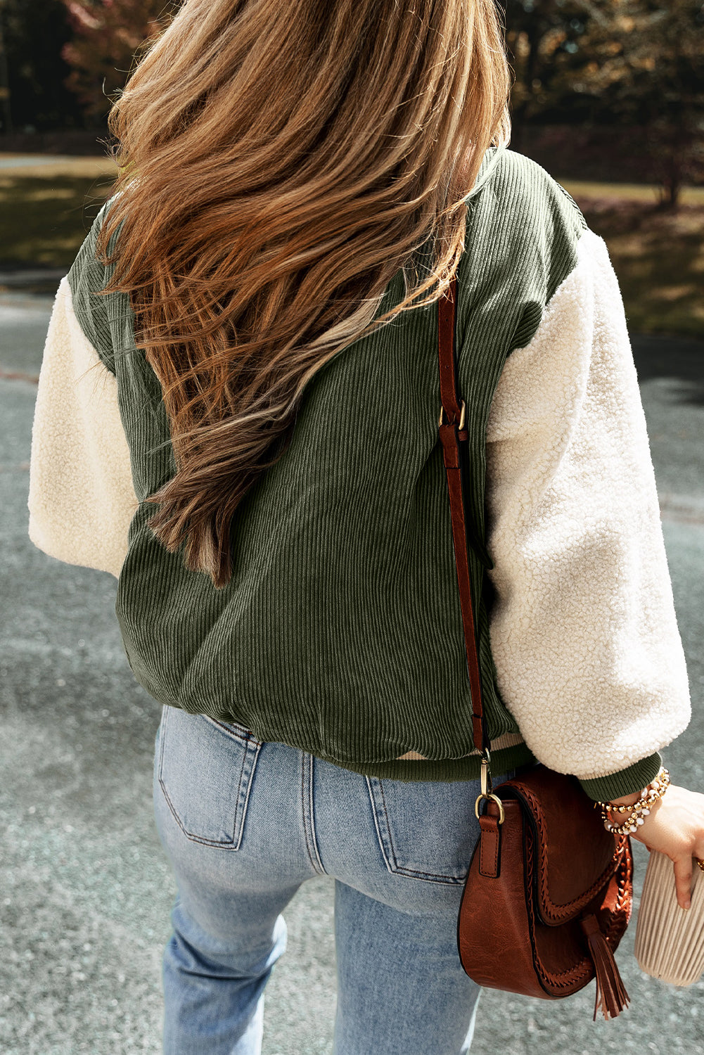 Olive Green & Cream Corduroy Fleece Button Up Varsity Jacket