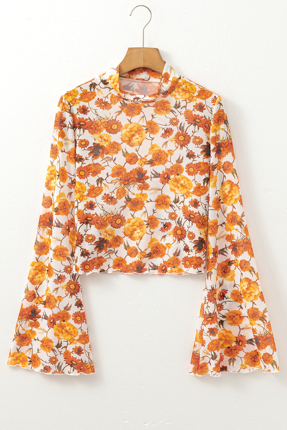 Orange Retro Floral Bell Sleeve Mock Neck Blouse