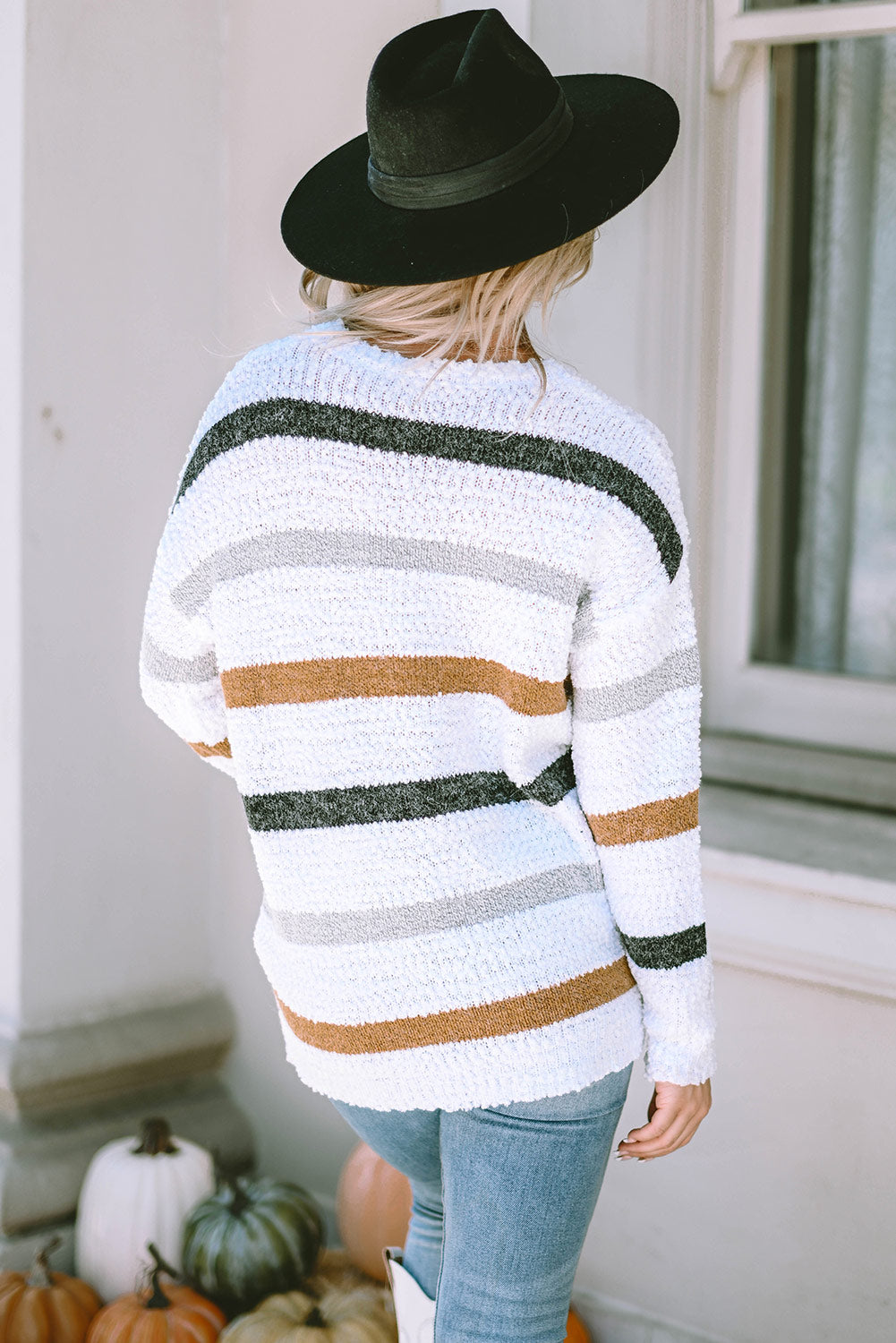 White with Blue & Tan Striped Popcorn Knit Sweater
