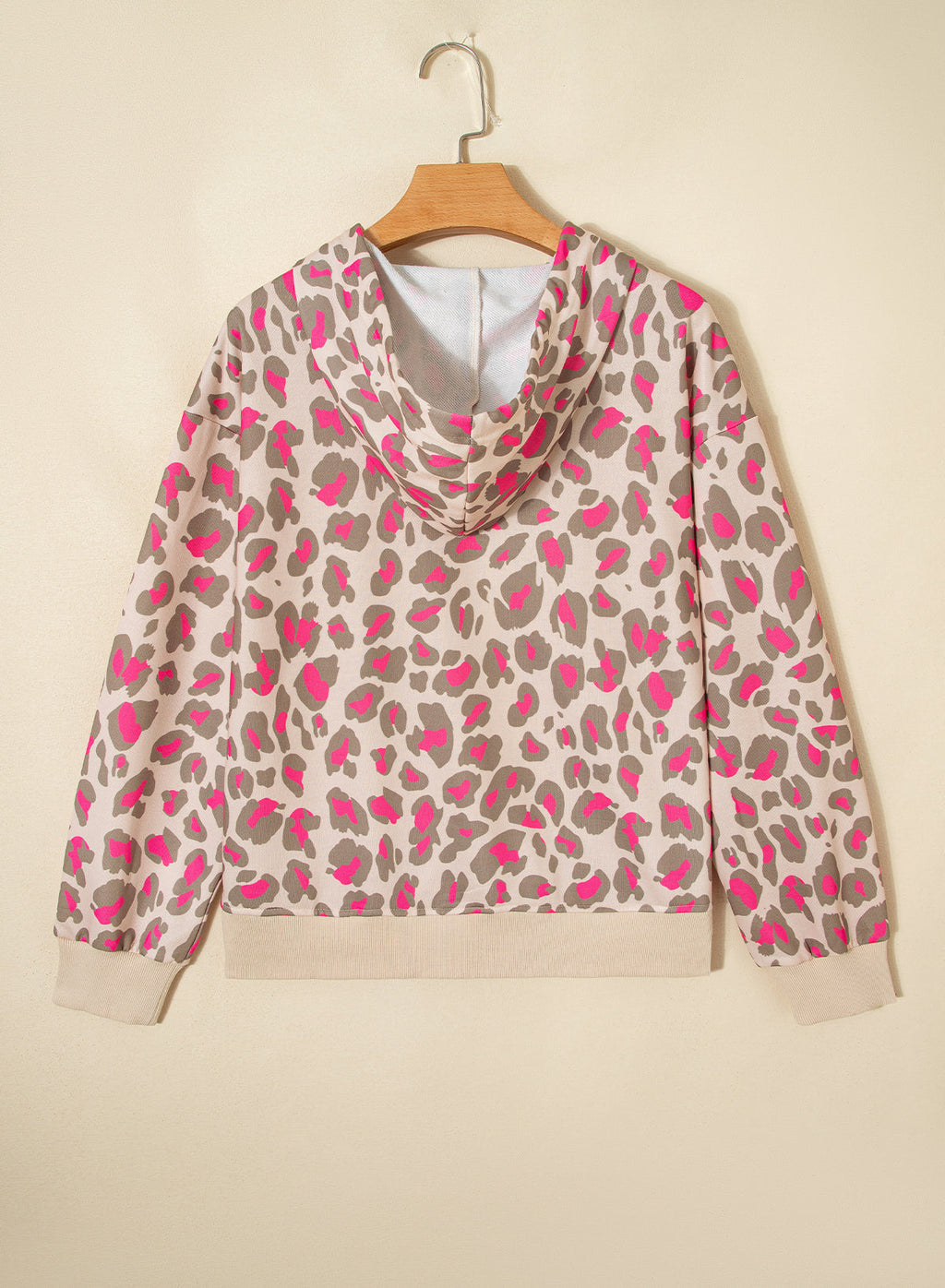 Fuchsia and Khaki Leopard Print Full Zip Front Pockets Hoodie