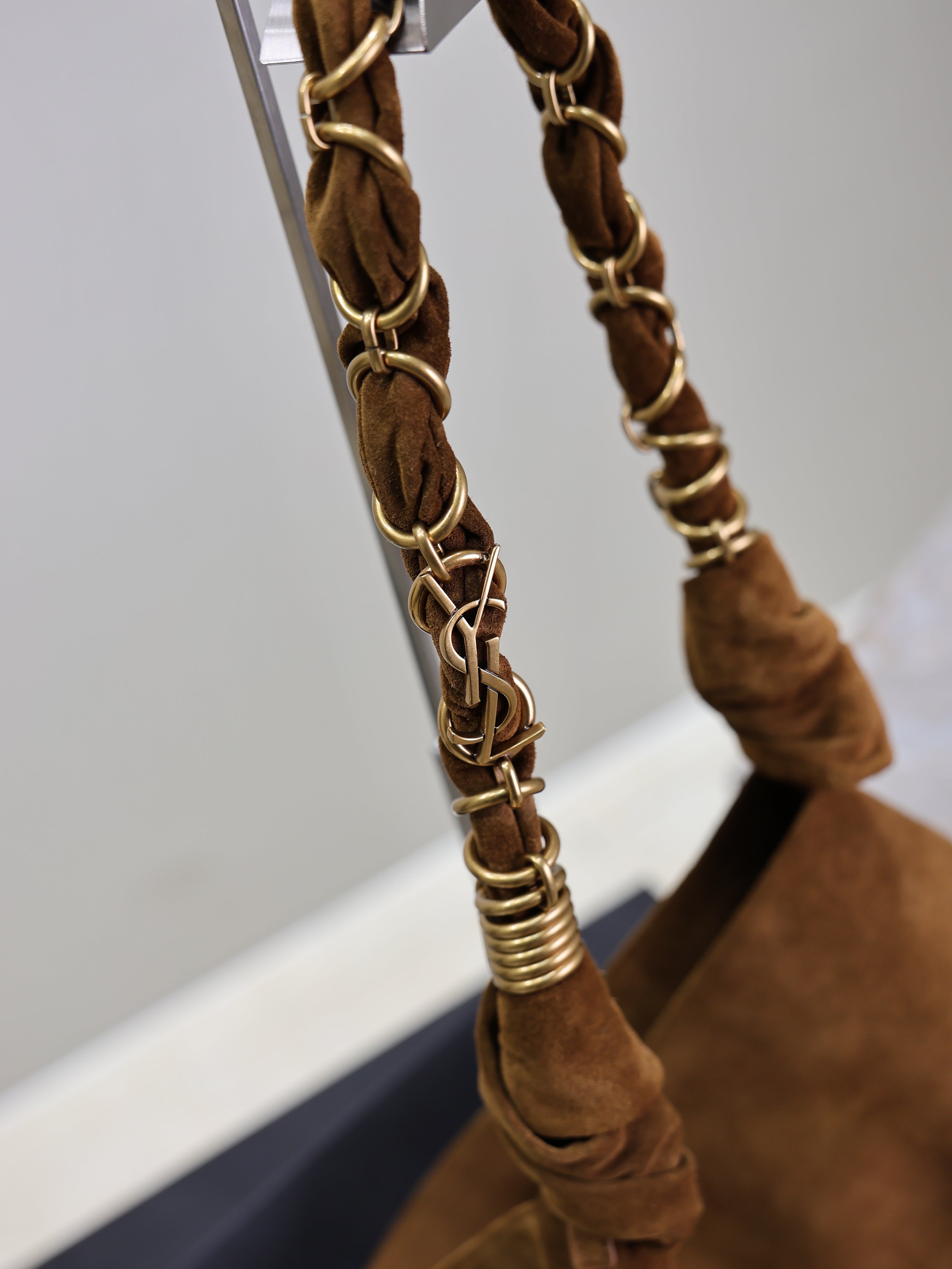 YSL 25S AMALIA 50 IN DARK CARAMEL SUEDE GOLD HARDWARE